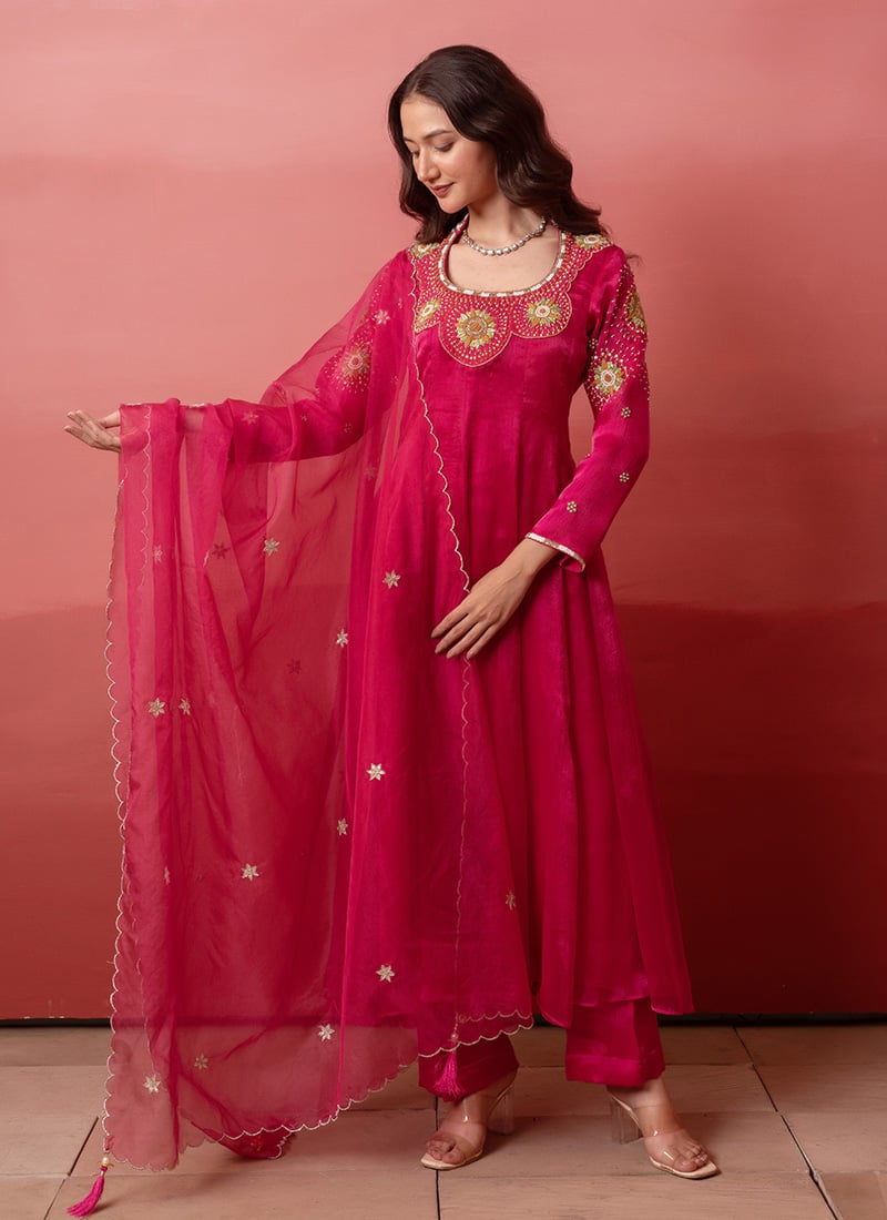 Rani Pink Organza Embroidered Anarkali Suit After Six Wear