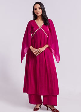 Rani Pink Organza Moti Hand Work Dressy Kurta Palazzo Set