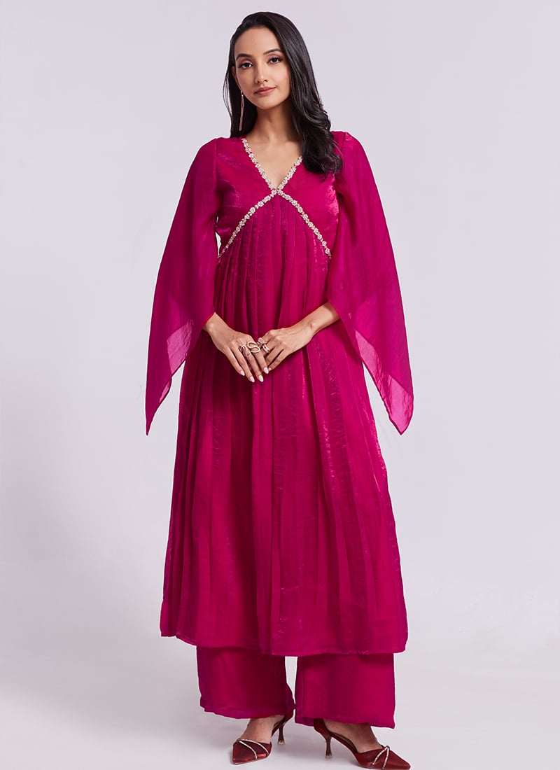 Rani Pink Organza Moti Hand Work Dressy Kurta Palazzo Set