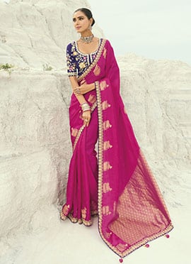 Rani Pink Organza Viscose Satin Silk Zari Embroidered Sequins With Moti Work Saree