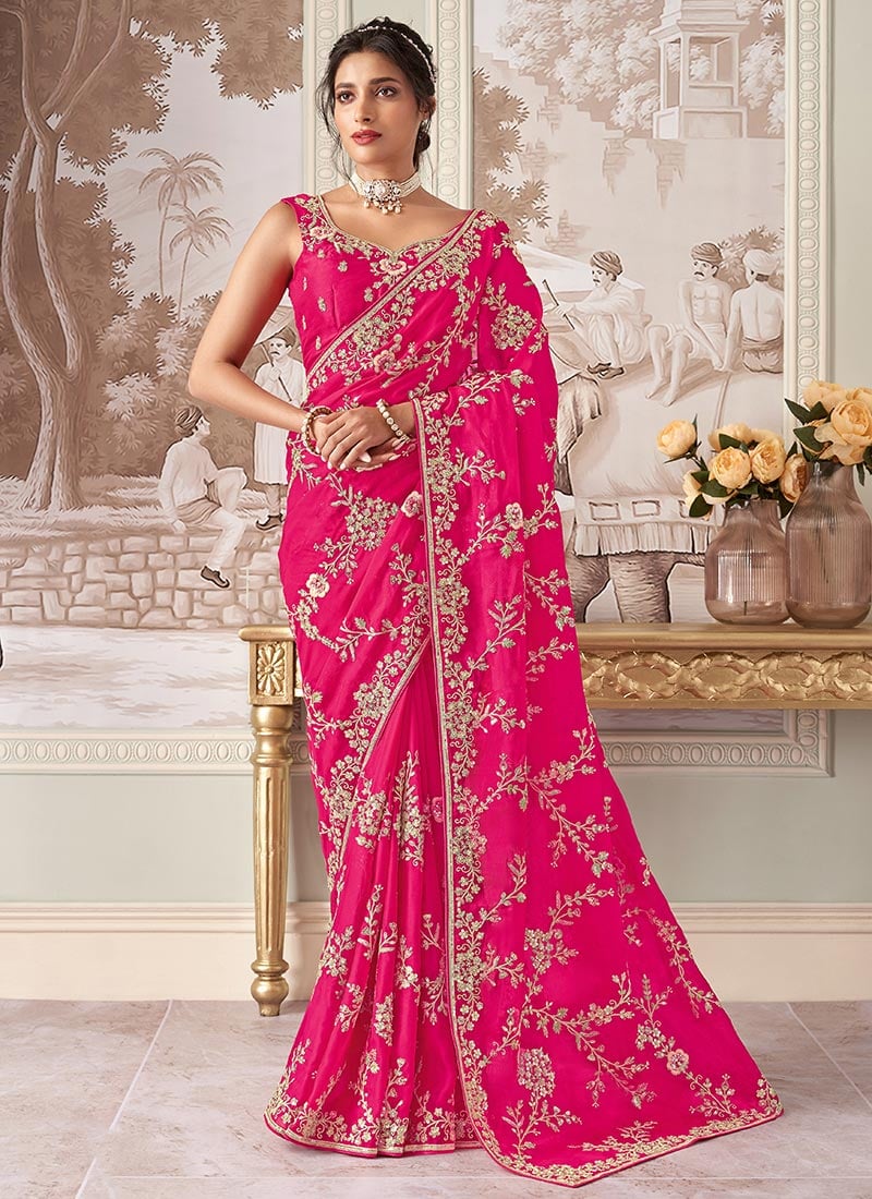 Rani Pink Organza Zari Embroidered Saree Festive Wear-SASLI26573015