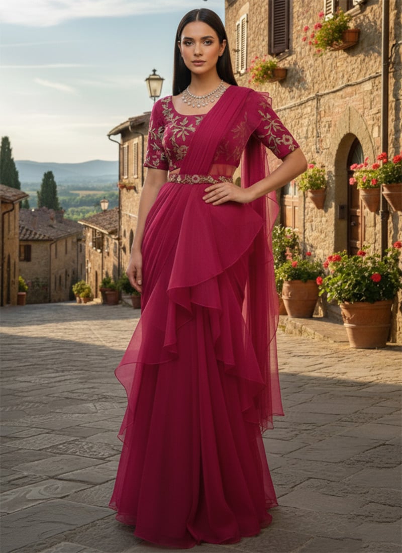 Rani Pink Organza Zari Sequins Hand Embroidered Cutdana Lehenga Saree Wedding Wear