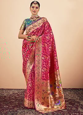 Rani Pink Paithani Silk Hand Painted Zari Woven Saree