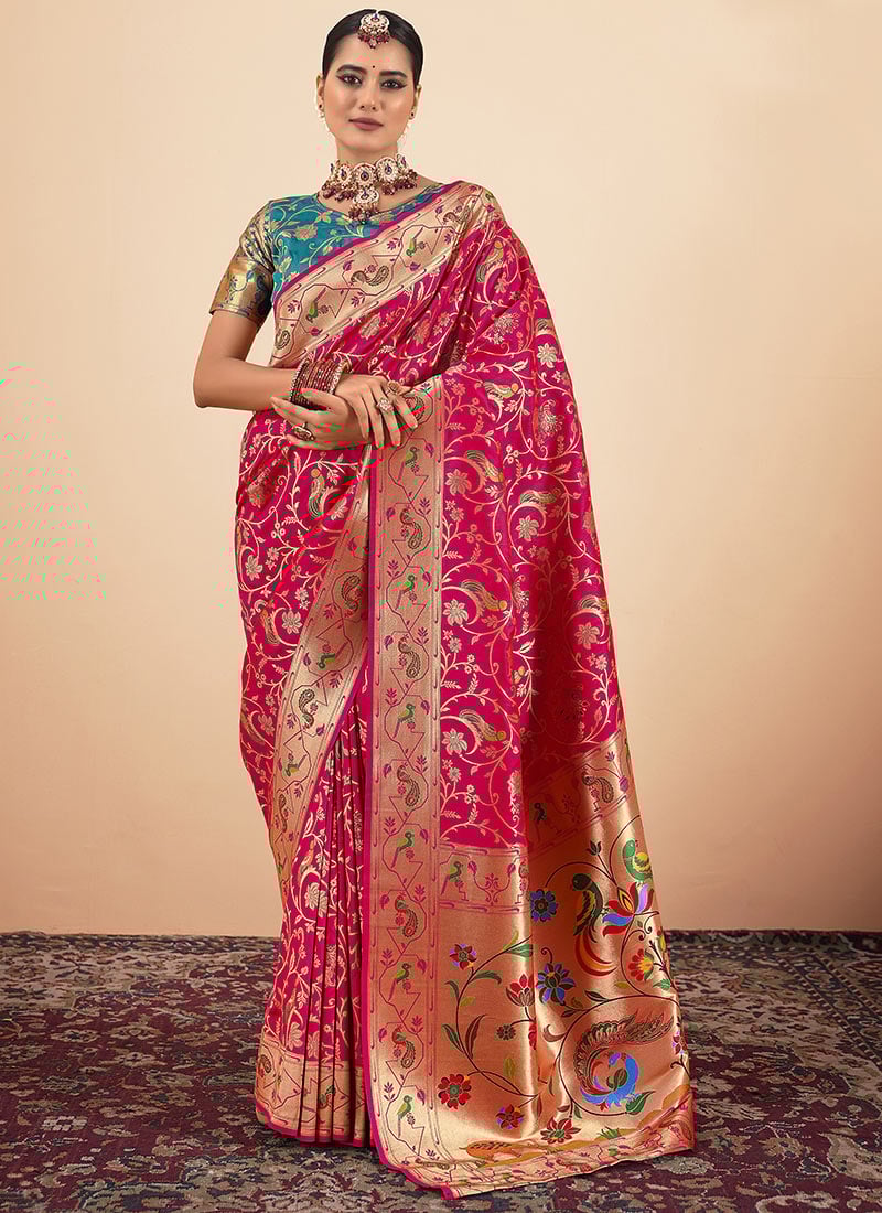 Rani Pink Paithani Silk Hand Painted Zari Woven Saree Festive Wear