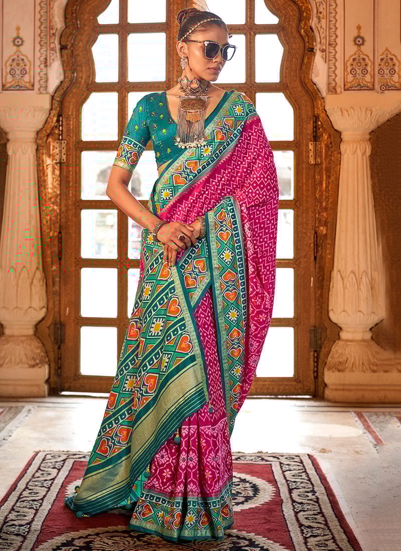 Rani Pink PV Silk Digital Patola Print Saree  Festive Wear