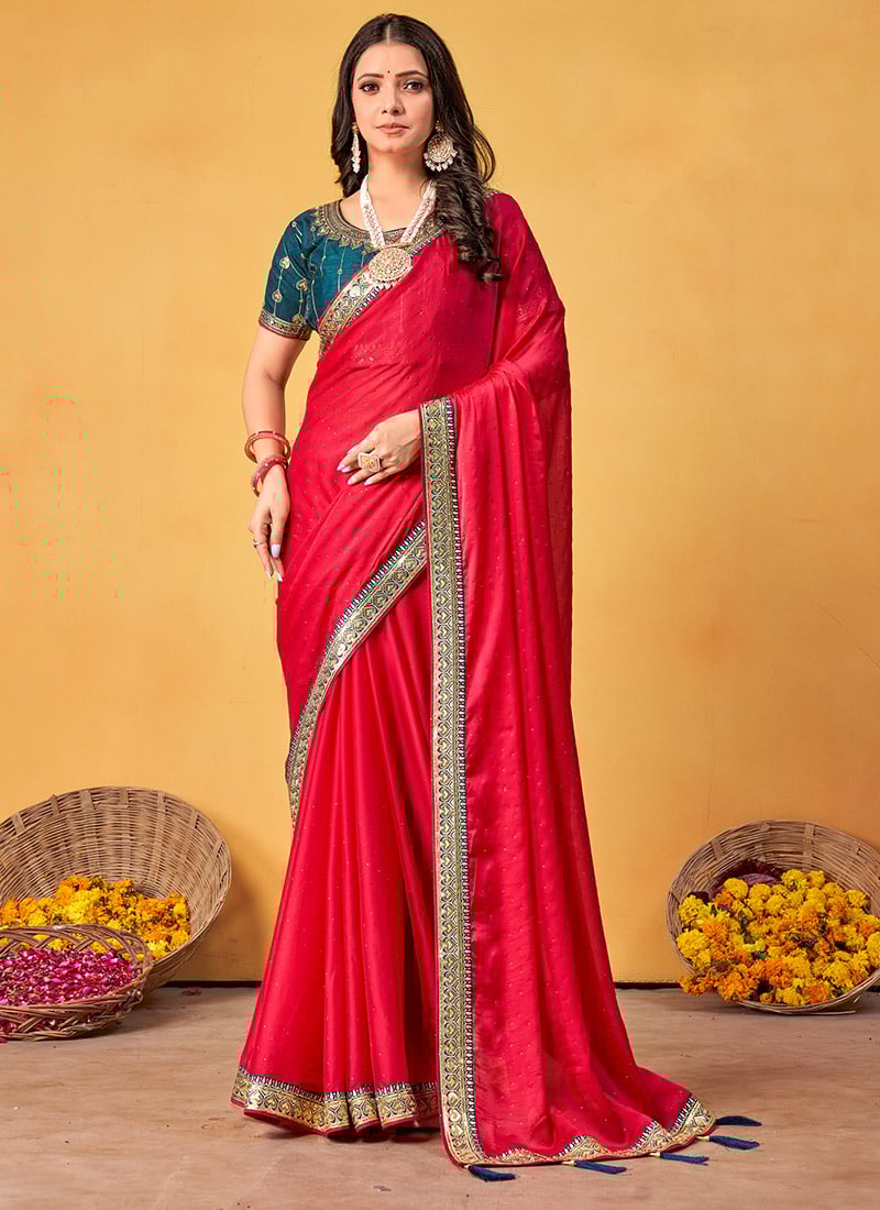 Rani Pink Rangoli Silk Embroidered Sequins Tikki Work Saree Festive Wear