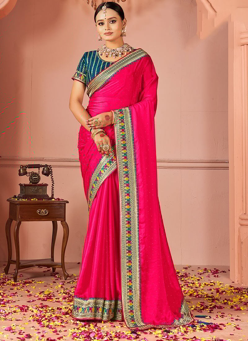 Rani Pink Rangoli Silk Embroidered Sequins Zari Saree Festive Wear