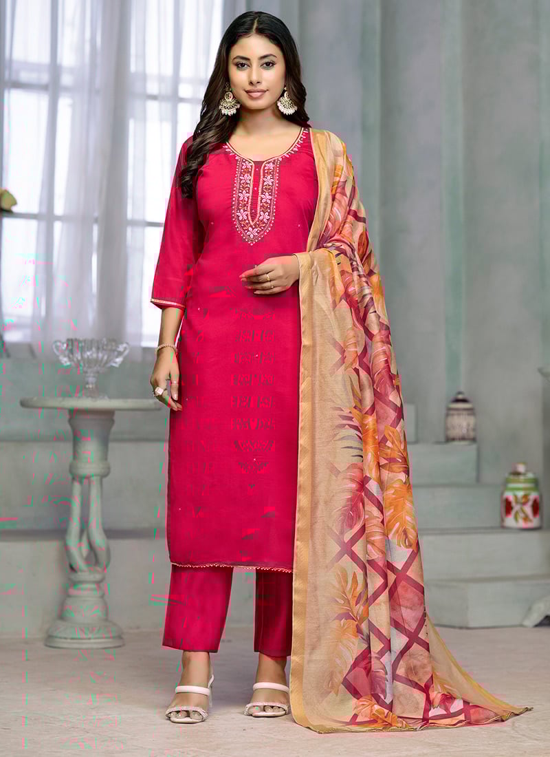 Rani Pink Rayon Hand Embroidered Straight Pant Suit With Printed Dupatta Festive Wear