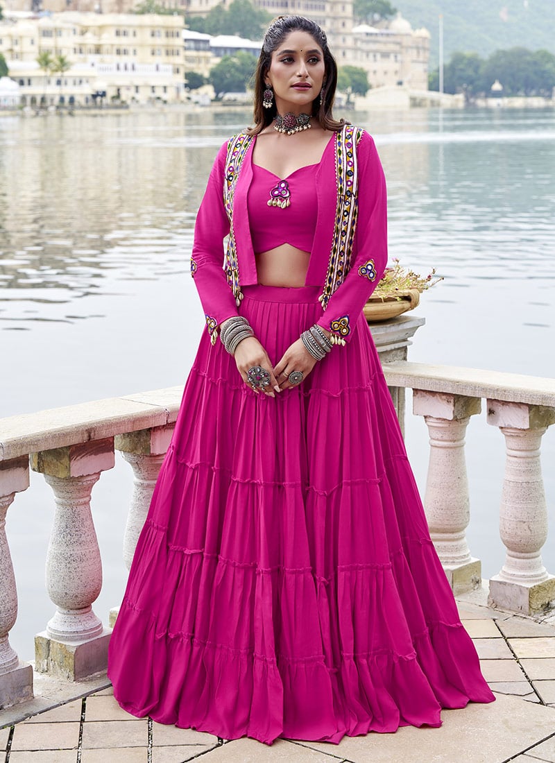 Rani Pink Rayon Mirror Kutch Work Indowestern Jacket Skirt Set Festive Wear