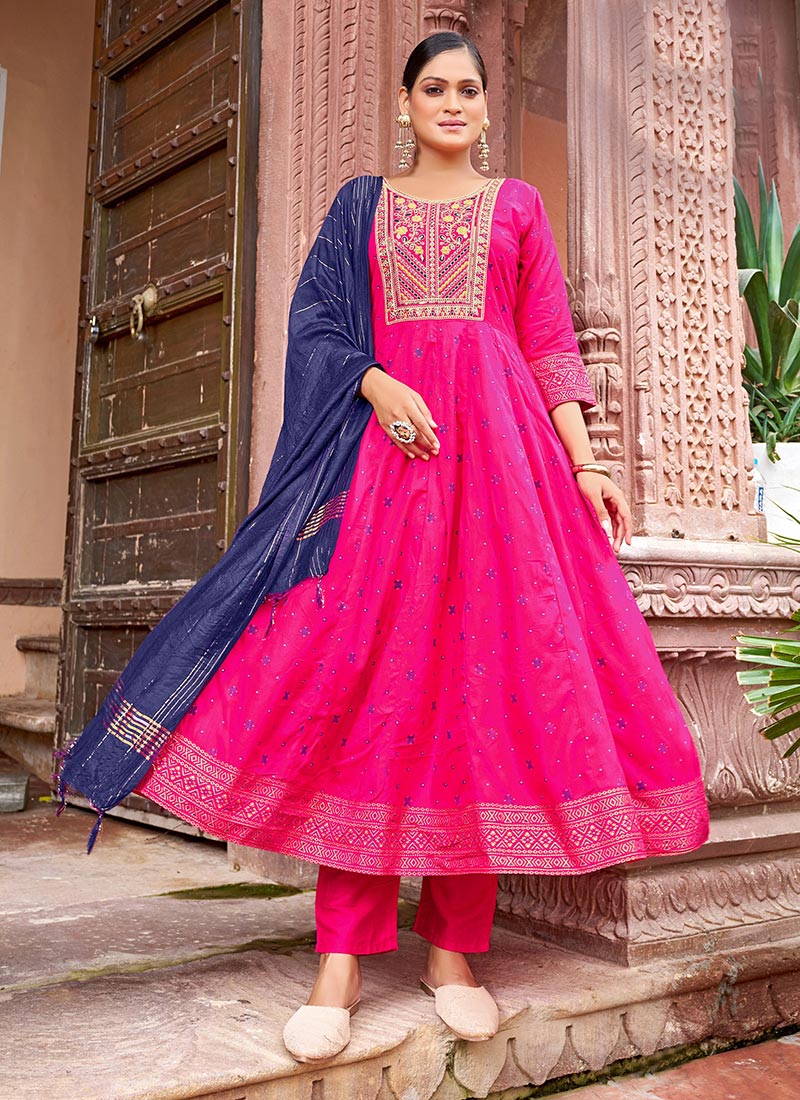 Rani Pink Rayon Sequins Embroidered And Foil Print Anarkali Suit After Six Wear