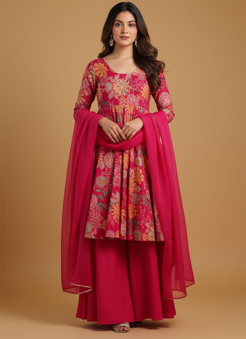 Rani Pink Roman Silk Chanderi Floral Printed Palazzo Suit After Six Wear