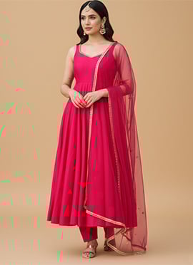Rani Pink Roman Silk Embroidered Anarkali Suit