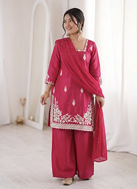 Rani Pink Roman Silk Embroidered With Moti Work Palazzo Suit
