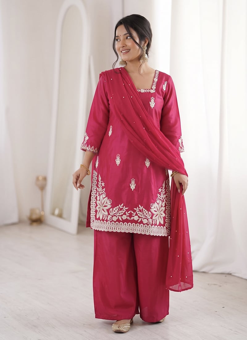 Rani Pink Roman Silk Embroidered With Moti Work Palazzo Suit After Six Wear
