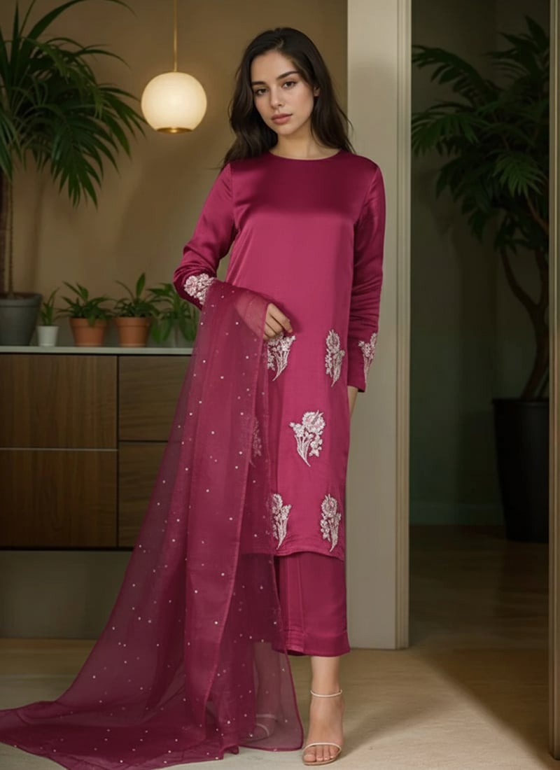 Rani Pink Satin Blend Hand Embroidered Sequins Zari Straight Pant Suit Festive Wear