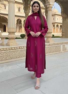 Rani Pink Satin Georgette Zari Sequins Hand Embroidered Straight Pant Suit