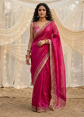 Rani Pink Satin Sequins Embroidered Soft Jimmy Saree