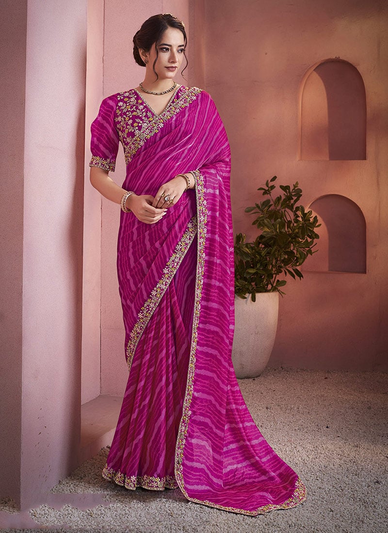 Rani Pink Satin Silk Embroidered Sequins And Printed Saree  Festive Wear