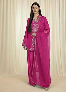 Rani Pink Satin Silk Resham Salwar Suit