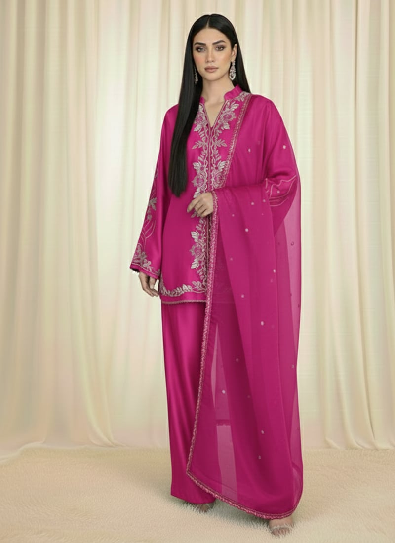 Rani Pink Satin Silk Resham Salwar Suit Festive Wear