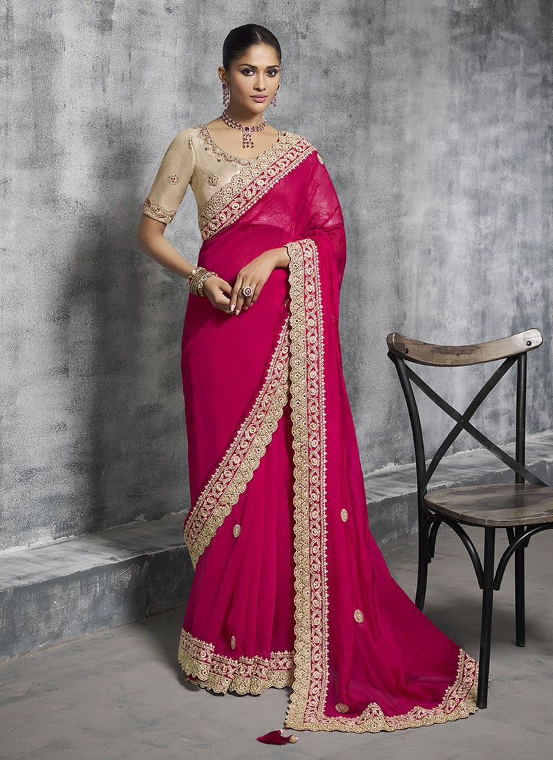 Rani Pink Satin Silk Resham Sequins Embroidered Stones Beads Zari Saree Wedding Wear