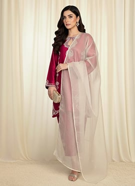 Rani Pink Satin Silk Resham Stones Straight Pant Suit