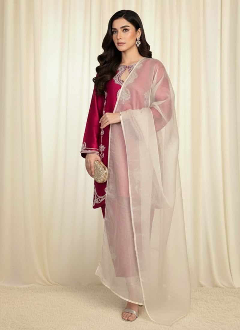 Rani Pink Satin Silk Resham Stones Straight Pant Suit Festive Wear
