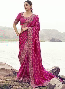 Rani Pink Satin Silk Sequins Embroidered Stones Jacquard Thread Saree