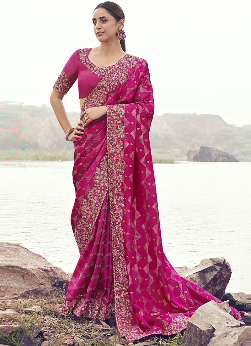 Rani Pink Satin Silk Sequins Embroidered Stones Jacquard Thread Saree Festive Wear