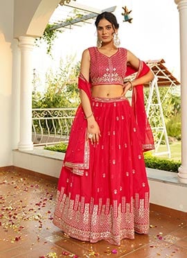 Rani Pink Satin Silk Zari Embroidered Sequins Lehenga