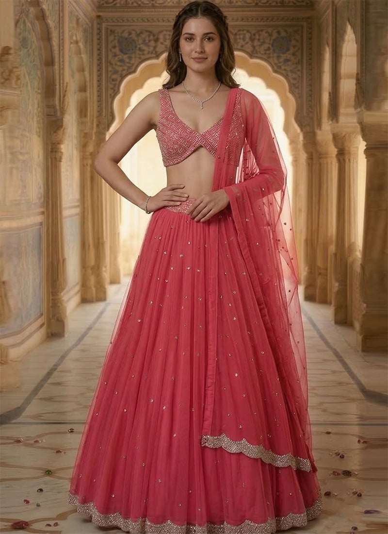 Rani Pink Sequins And Stone Work Net Lehenga Wedding Wear
