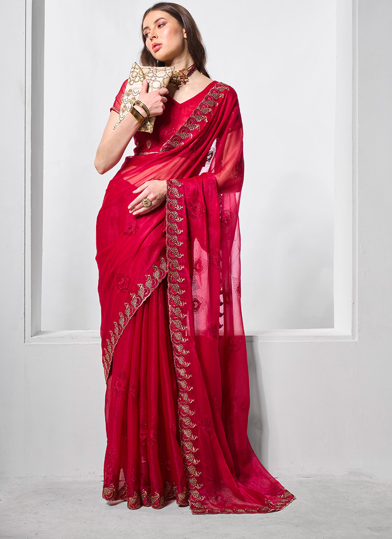 Rani Pink Shimmer Chiffon Embroidered Stone Saree