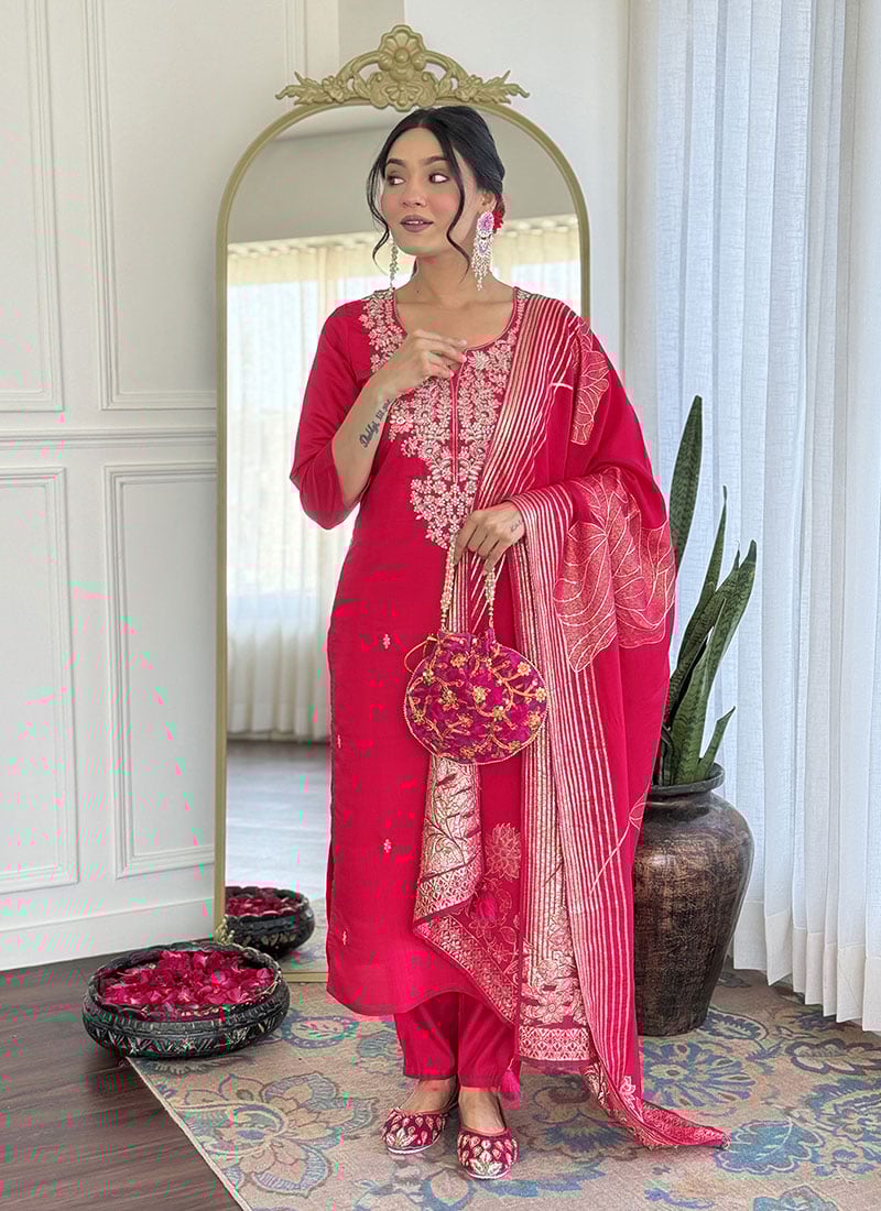 Rani Pink Silk  Embroidered Sequins Straight Pant Suit With Jacquard Dupatta