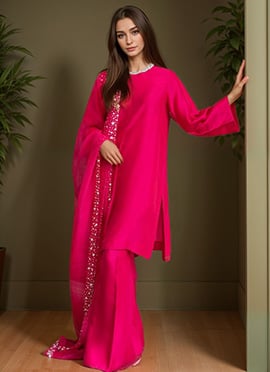 Rani Pink Silk Beads Hand Embroidered Zarkan Stones Palazzo Suit