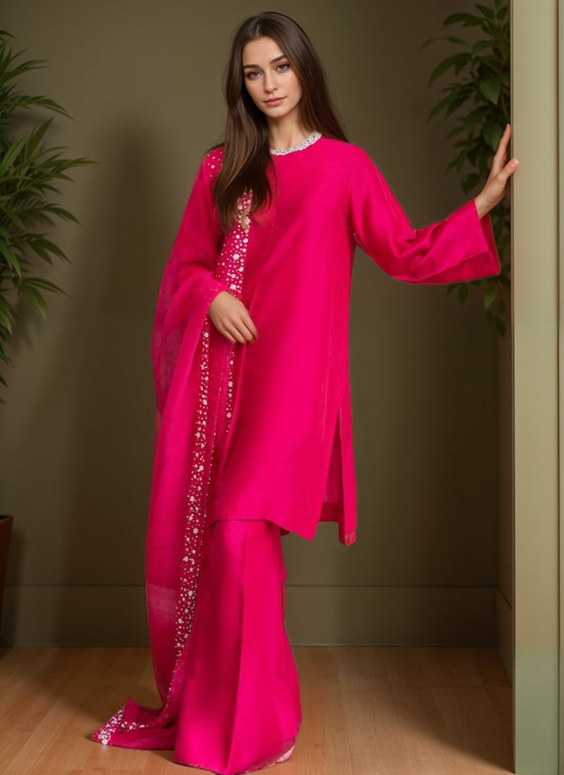 Rani Pink Silk Beads Hand Embroidered Zarkan Stones Palazzo Suit Festive Wear