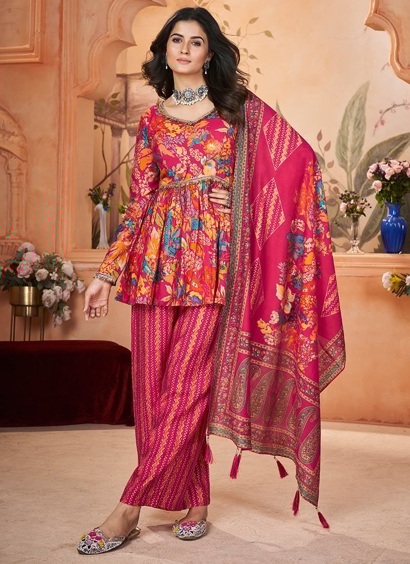 Rani Pink Silk Digital Foil Print Palazzo Suit Festive Wear