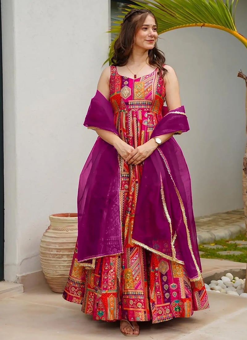 Rani Pink Silk Digital Print Anarkali Suit