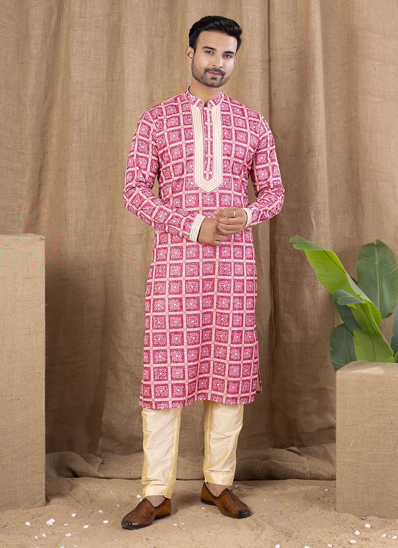 Rani Pink Silk Digital Print Kurta Pyjama