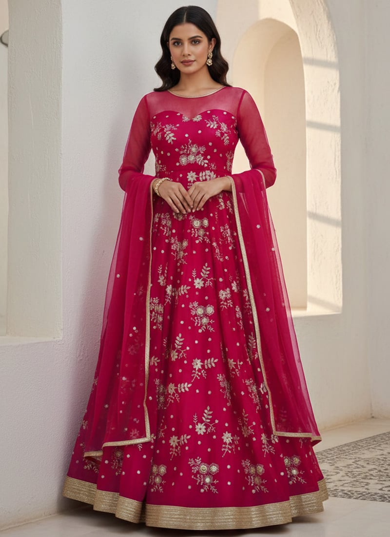 Rani Pink Silk Embroidered Anarkali Suit Festive Wear