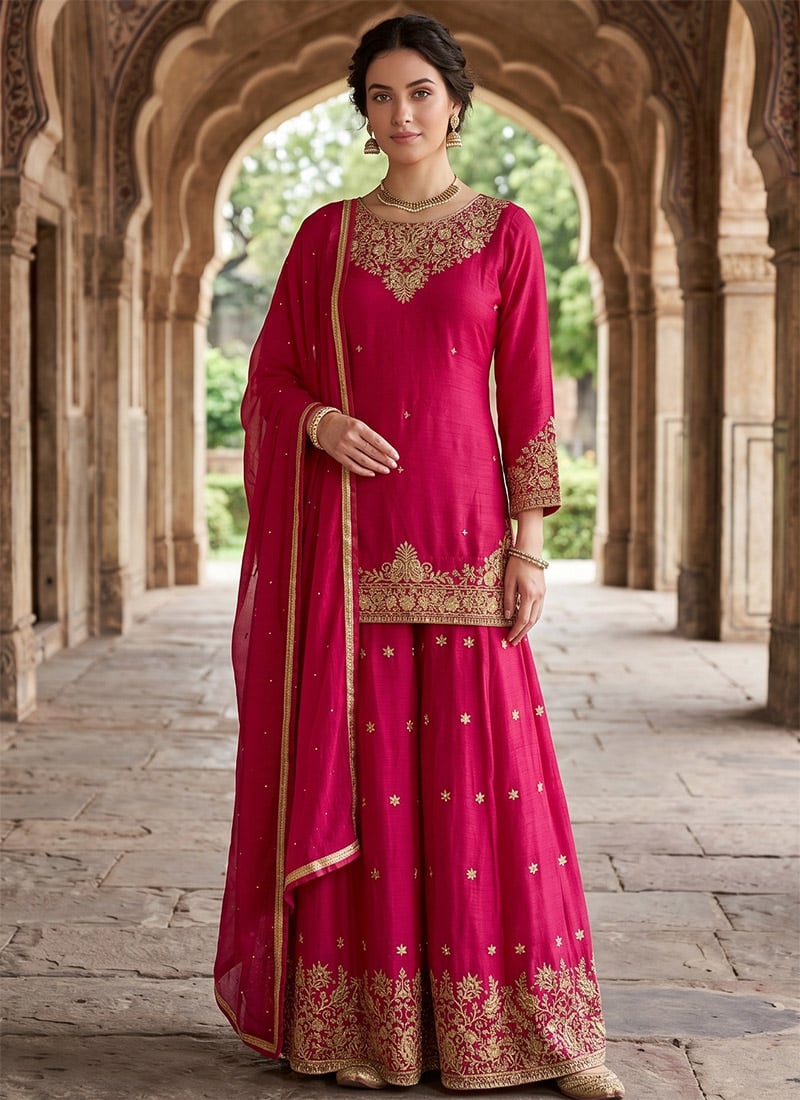 Rani Pink Silk Embroidered And Zari Sharara Suit After Six Wear