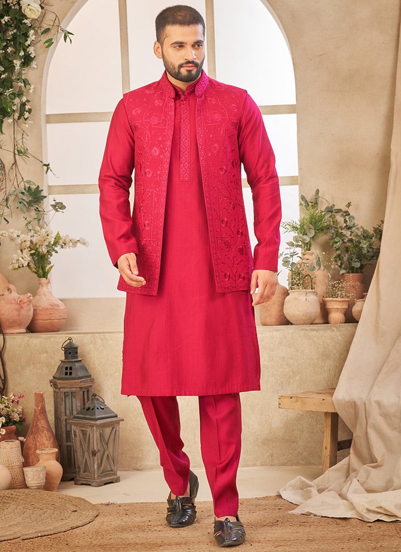 Rani Pink Silk Embroidered Bandi Set Festive Wear