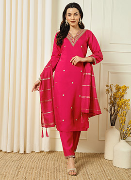 Rani Pink Silk Embroidered Classy Wear Straight Pant Suit With Dupatta