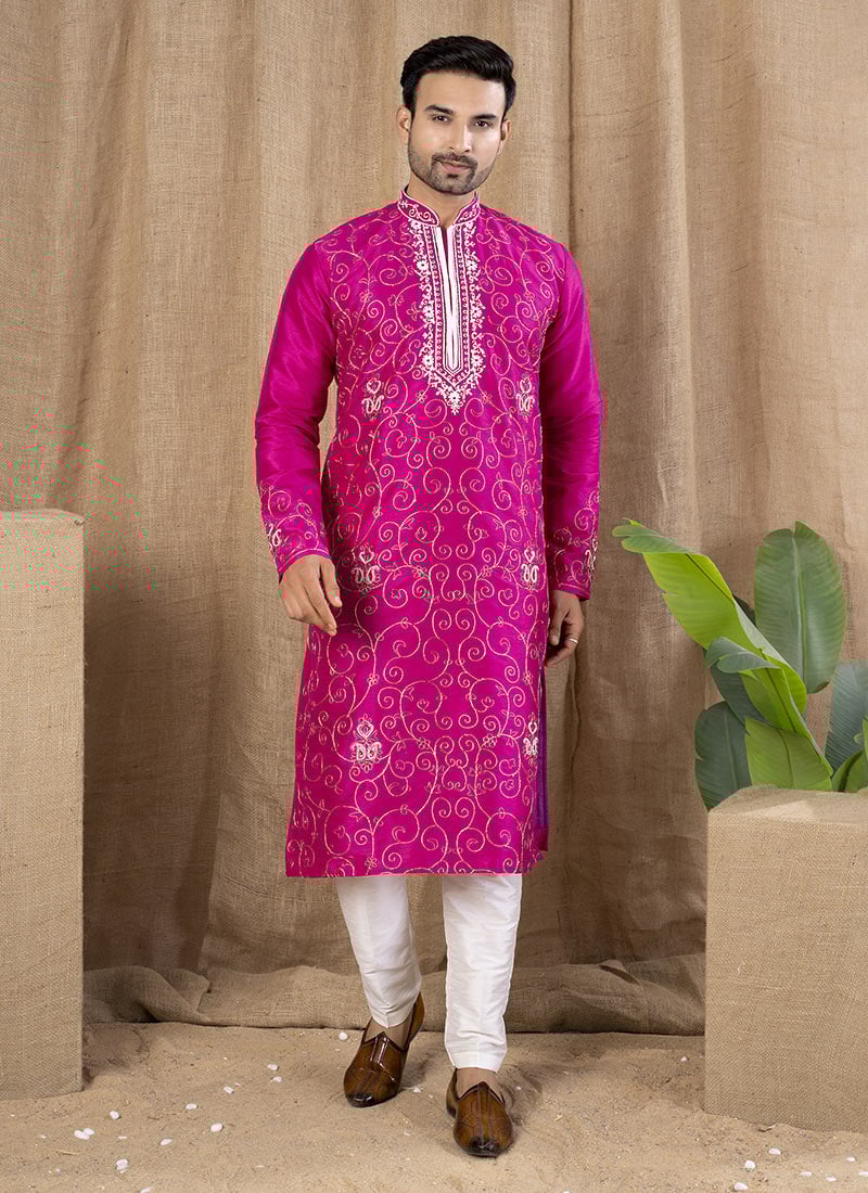 Rani Pink Silk Embroidered Kurta Pyjama Festive Wear
