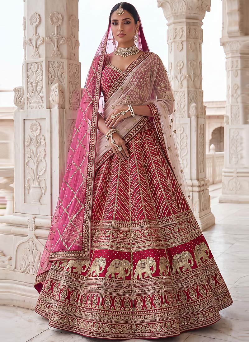 Rani Pink Silk Embroidered Sequins Beads Stones Zari Resham Lehenga Wedding Wear