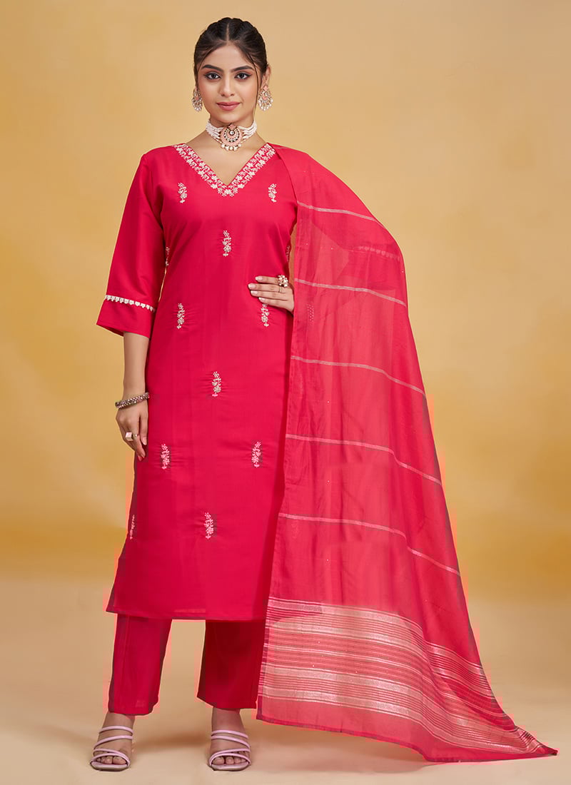 Rani Pink Silk Embroidered Sequins Beads Work Straight Pant Suit After Six Wear