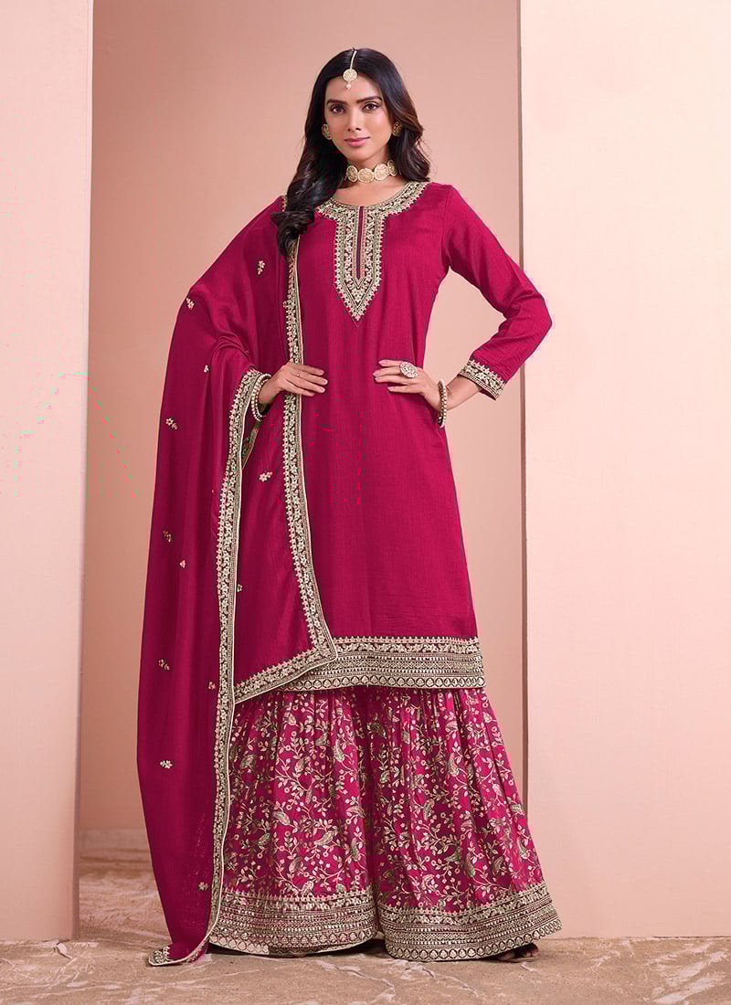 Rani Pink Silk Embroidered Sequins Elegant Palazzo Suit Festive Wear