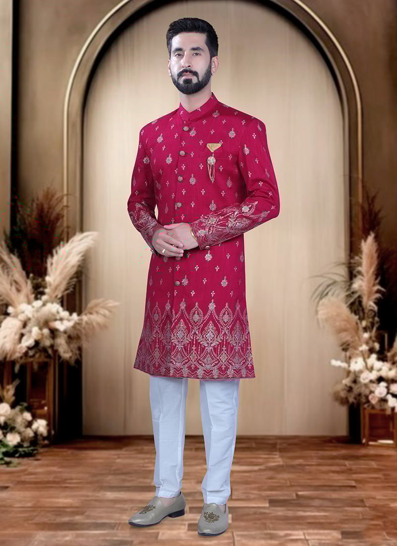 Rani Pink Silk Embroidered Sequins Indowestern Sherwani  For Men Wedding Wear