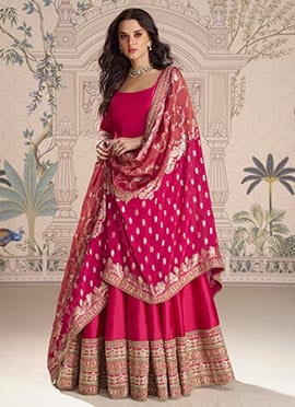 Rani Pink Silk Embroidered Sequins Jacquard And Gota Work Abhaya Style Anarkali Suit