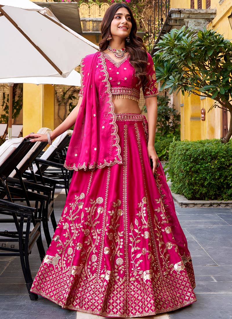Rani Pink Silk Embroidered Sequins Lehenga Wedding Wear