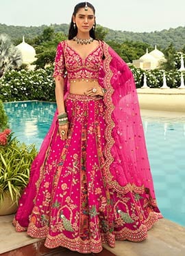 Rani Pink Silk Embroidered Sequins Mirror Work Cut Work Stones Thread Umbrella Lehenga